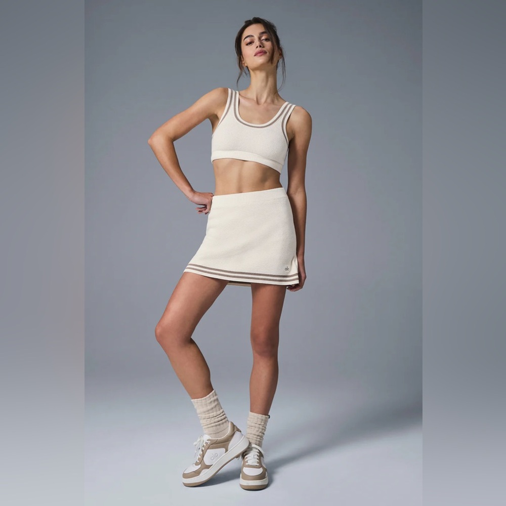 Alo Yoga Tennis Club Sweater Knit Bra & Skirt Set Ivory Gravel Size Small BNWT